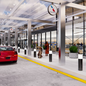 Travelers will be welcomed with modern renovations including a new canopy, raised ceiling and added glass to flood the terminal with natural light. Updates include new wayfinding signage and crosswalks realigned with entrances. Quad City Airport Entry Rendering with red car